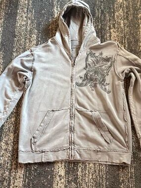 Affliction Gray Full-Zip Hoodie with Ornate Chest Crest